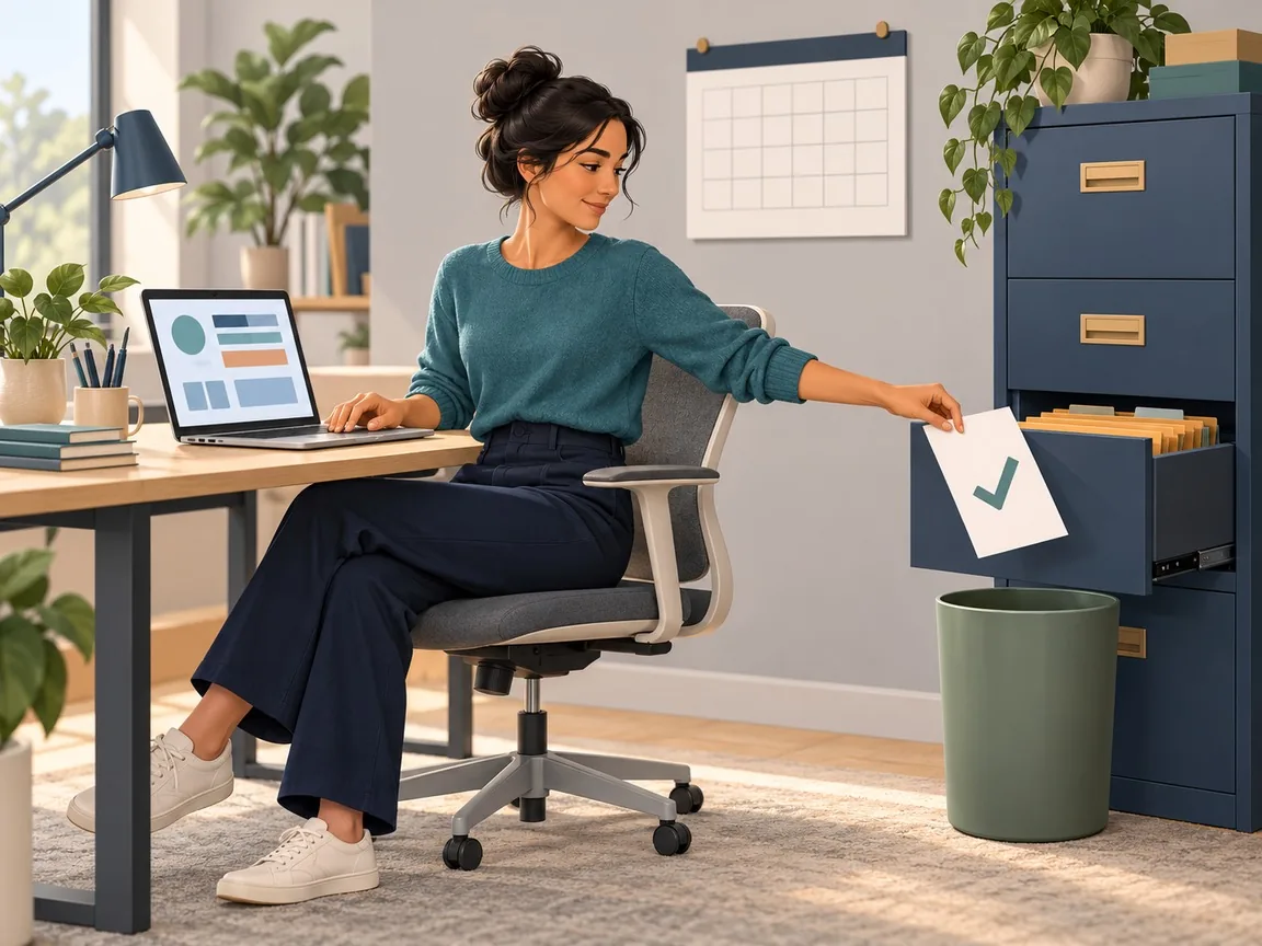 A support specialist at her desk moves a ticked document from a filing cabinet drawer towards a bin, with a calendar on the wall.