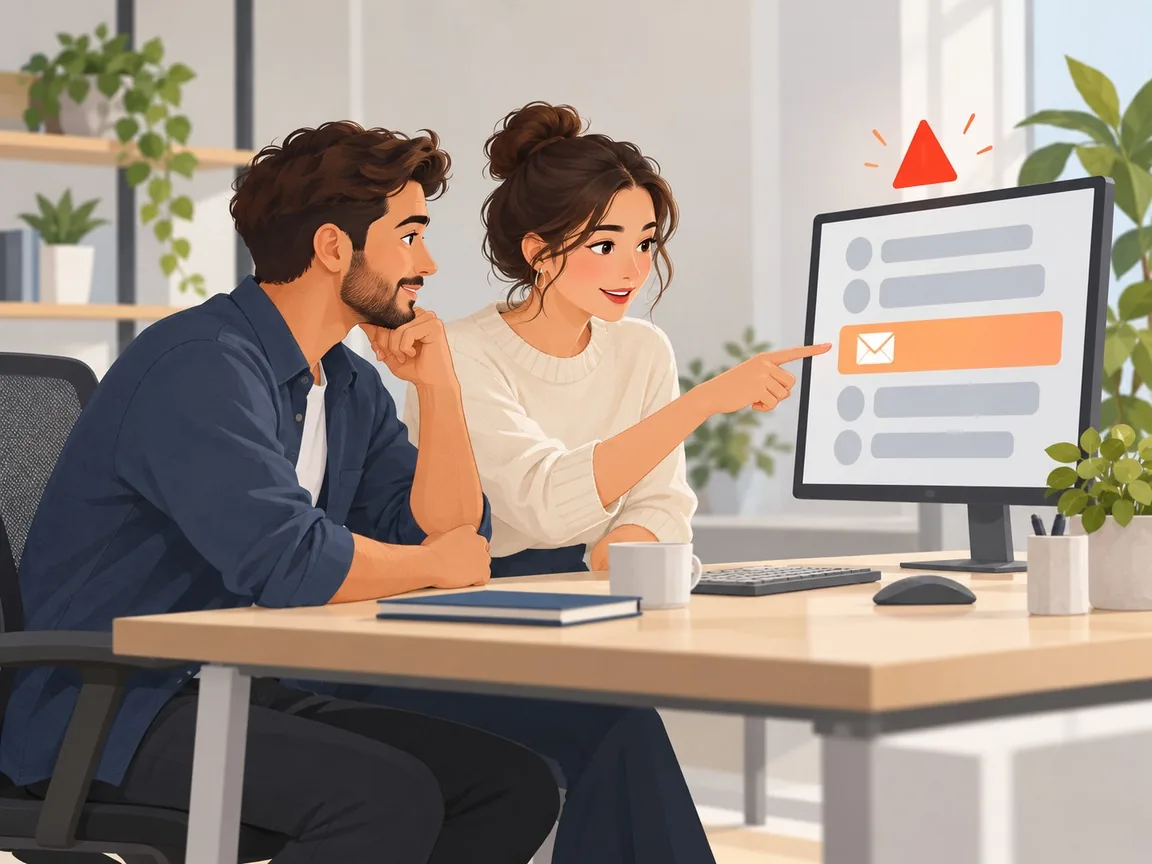 Two colleagues at a desk look at a monitor where one highlighted line carries an email icon under a red warning triangle.