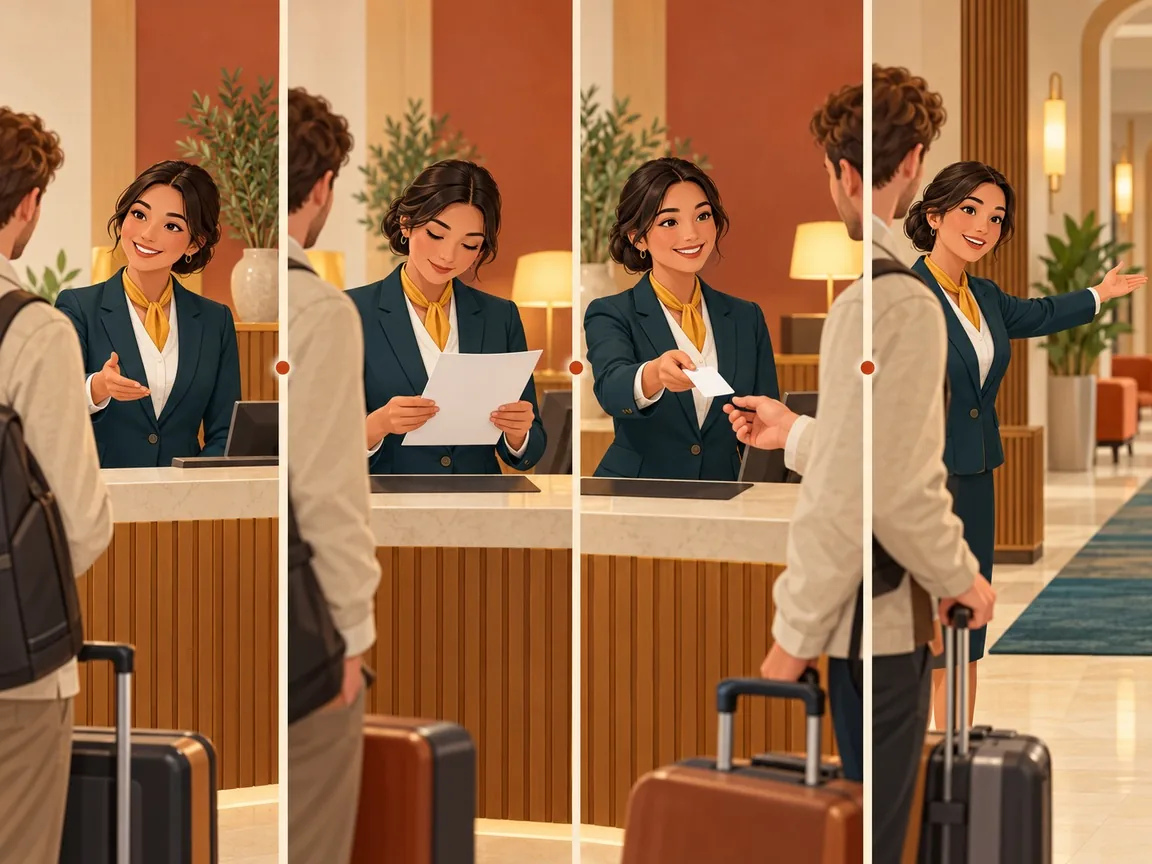 Four illustrated steps of a front-desk task side by side: greeting a guest, checking a document, handing over a key card and pointing the way.