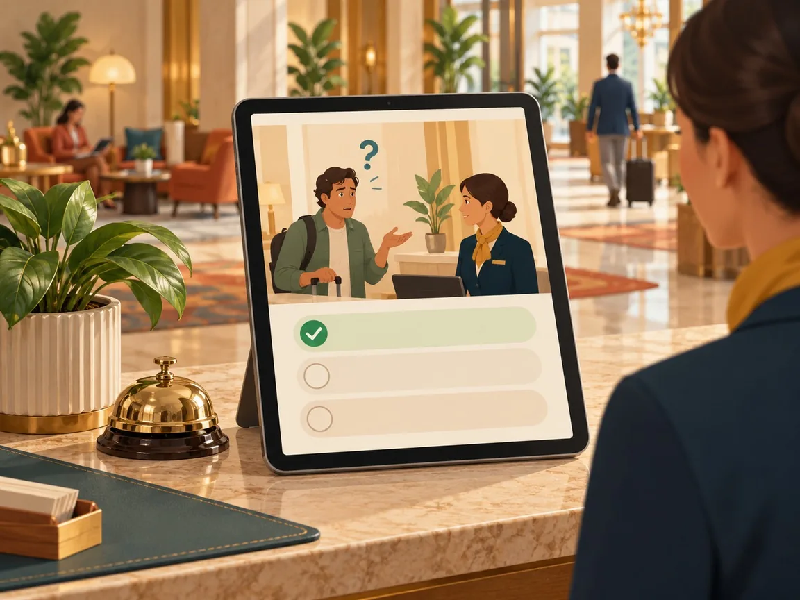 A tablet on a hotel front desk shows a scenario question with a puzzled guest and three answer buttons, one marked as correct.