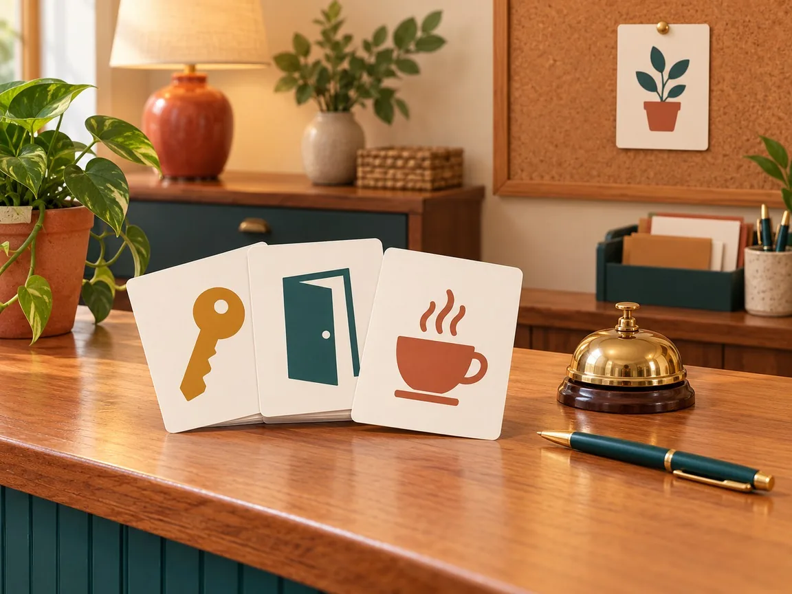Three printed quick reference cards with simple pictograms of a key, a door and a coffee cup, fanned out on a front desk next to a bell.