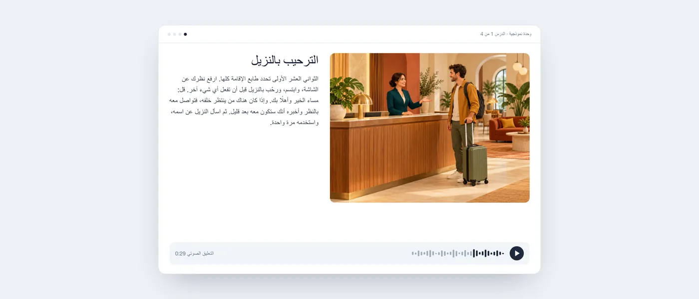 درس نموذجي كما يراه المتعلم: رسم توضيحي لموظفة استقبال ترحّب بنزيل، ونص الدرس، ومشغّل الصوت.