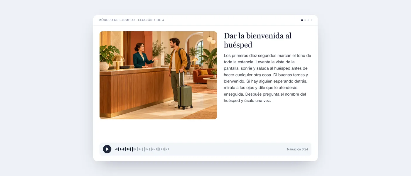 Una lección de ejemplo tal como la ve el alumnado: la ilustración de una recepcionista que da la bienvenida a un huésped, el texto de la lección y un reproductor de audio.