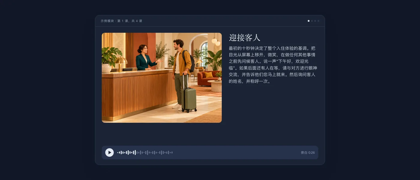 学员看到的示例课程：前台接待员迎接客人的插图、课程文本和音频播放器。
