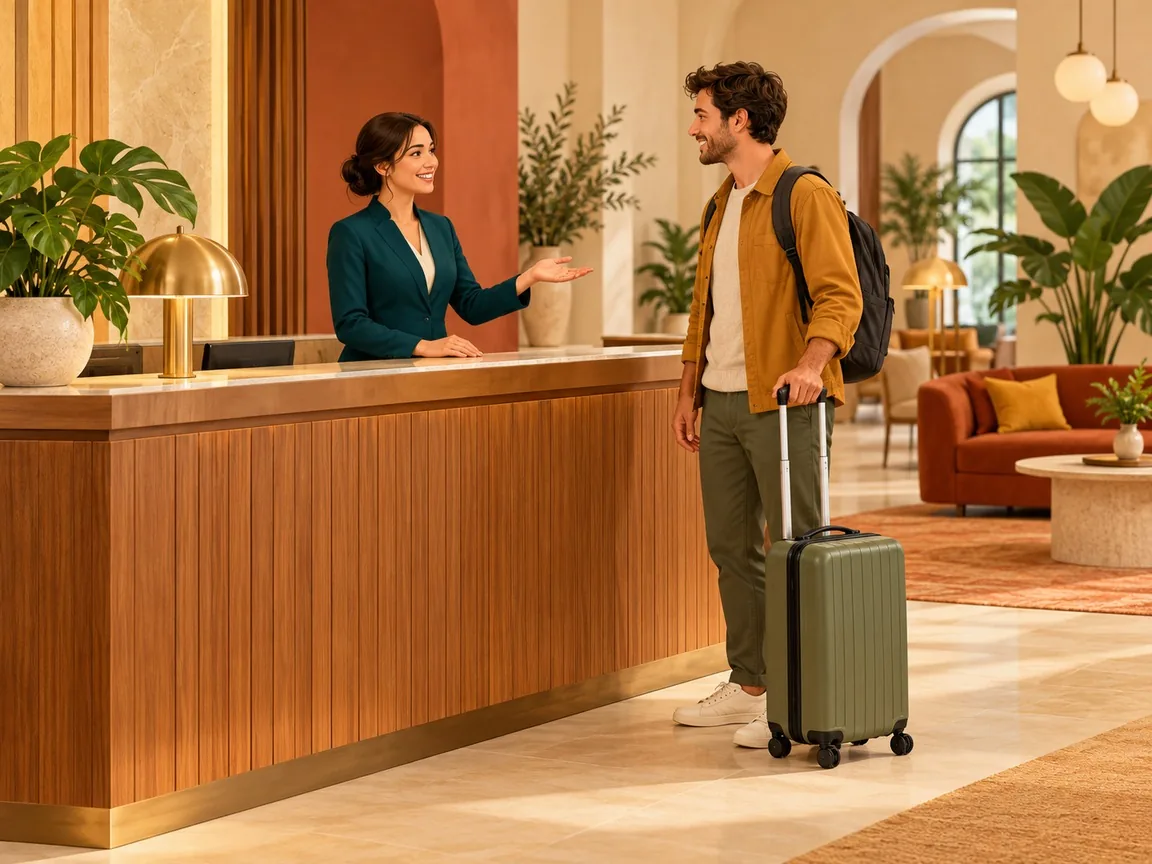 A hotel receptionist in a teal jacket greets a smiling traveller with a small suitcase at a wooden front desk.