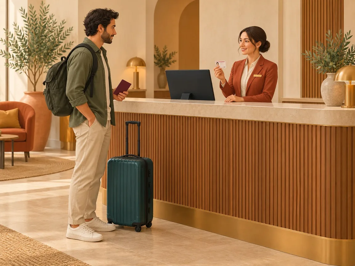 A hotel receptionist holds up an identity card to check it while a guest waits at the desk with a passport in hand.