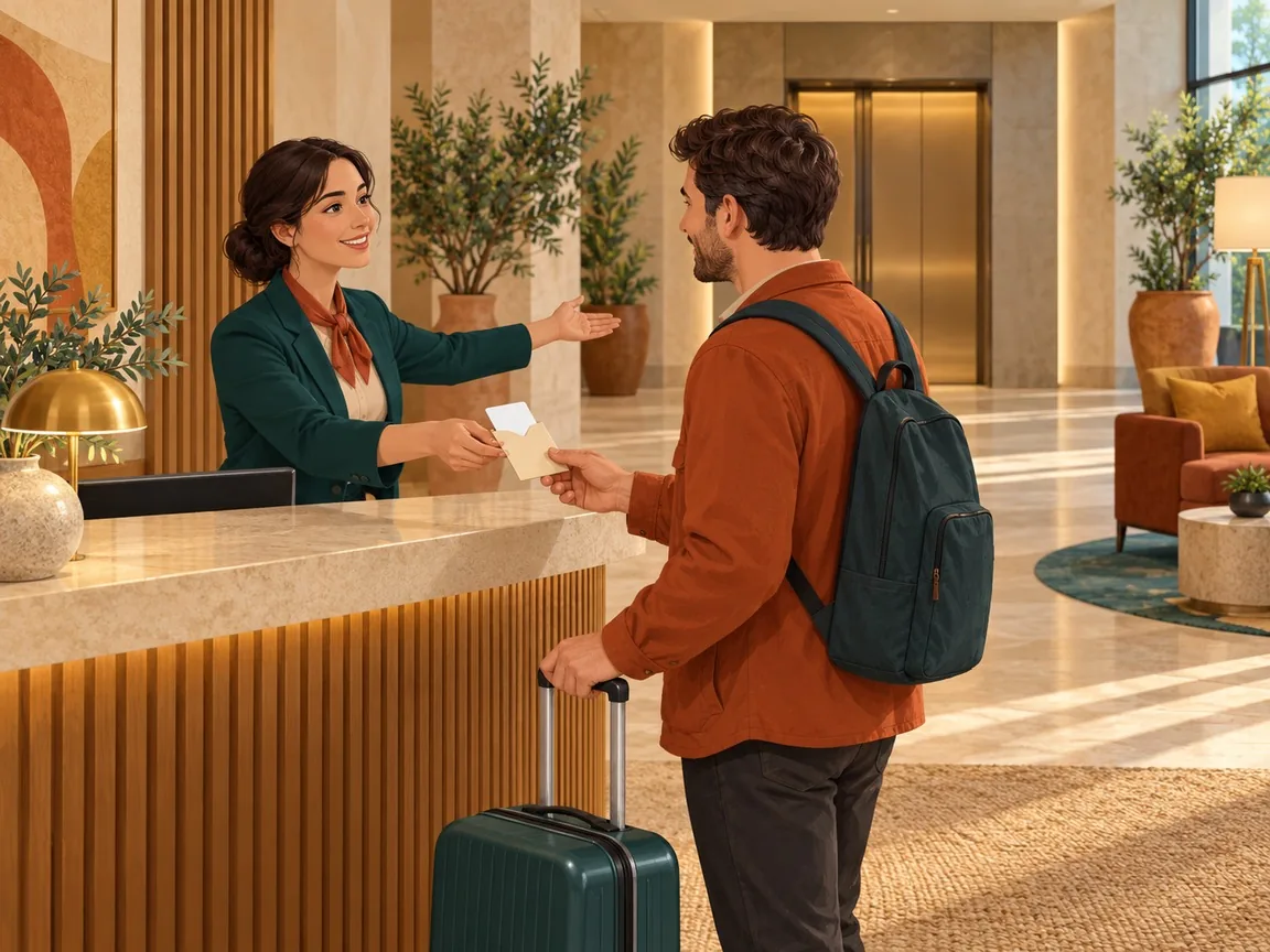 A hotel receptionist hands a key card in a paper sleeve to a guest and gestures towards the lifts in the lobby.