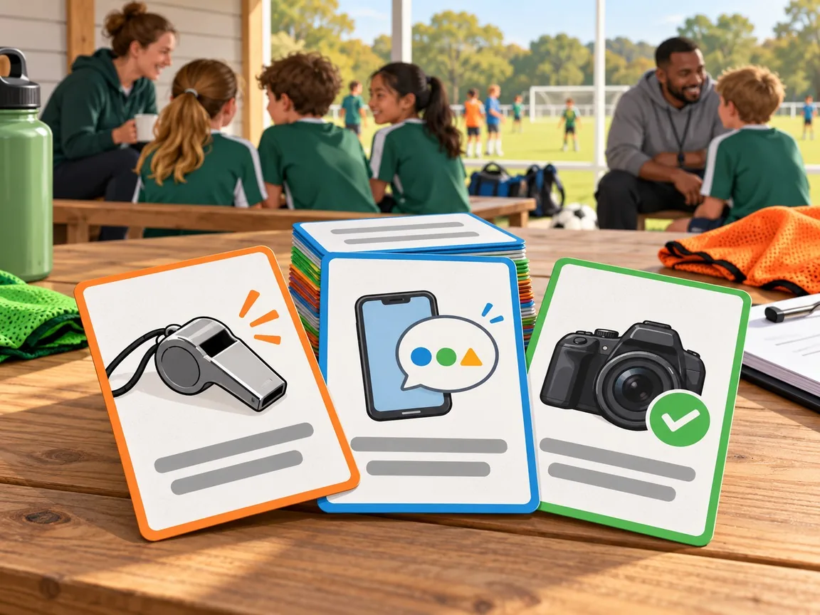Three printed rule cards on a wooden table, drawn with a whistle, a phone with a chat bubble and a camera with a green check mark, with a youth team resting behind.
