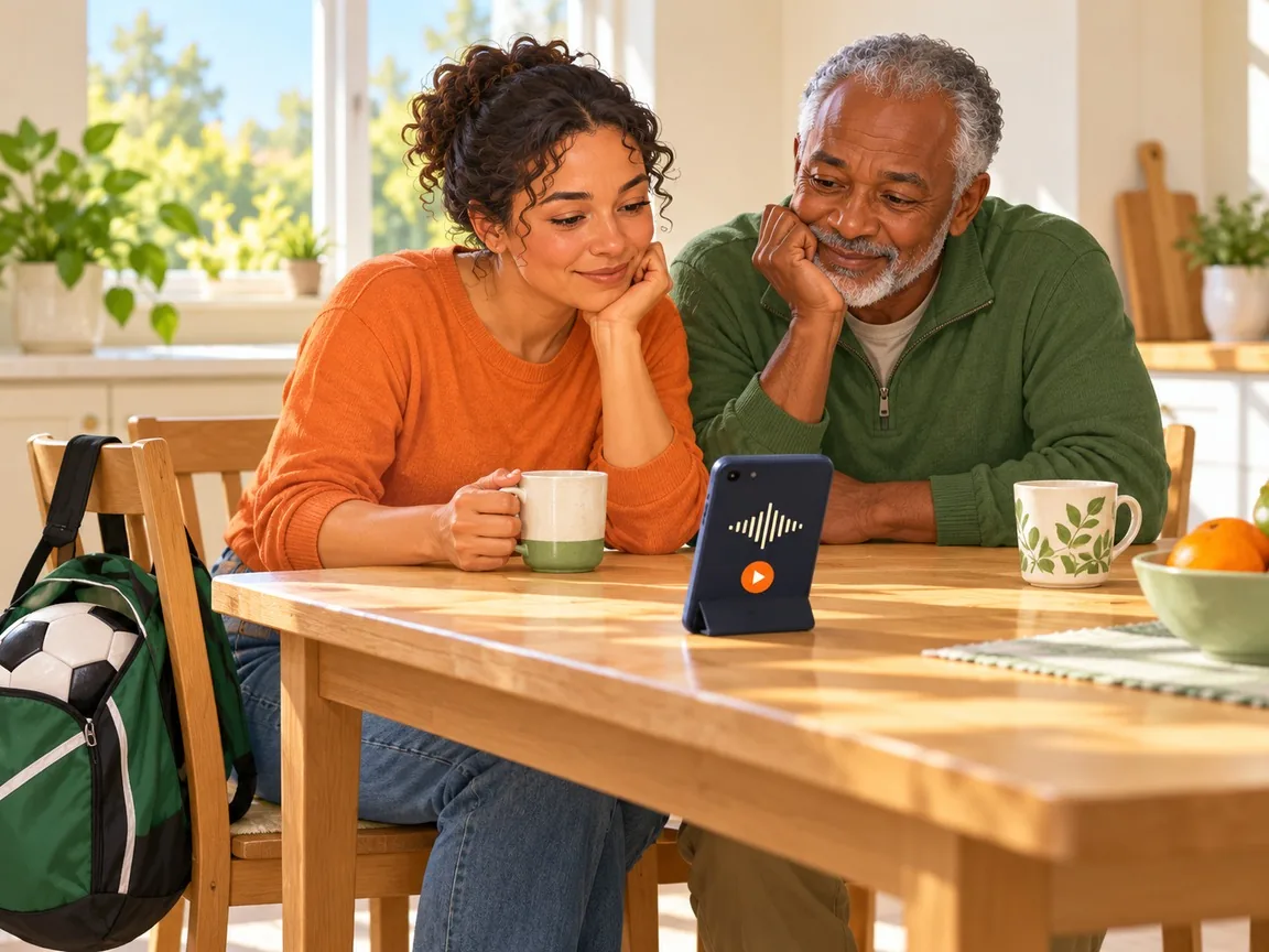 Two adults listen to a phone playing a recording with an audio waveform at a sunny kitchen table, with a child's sports bag on a chair.