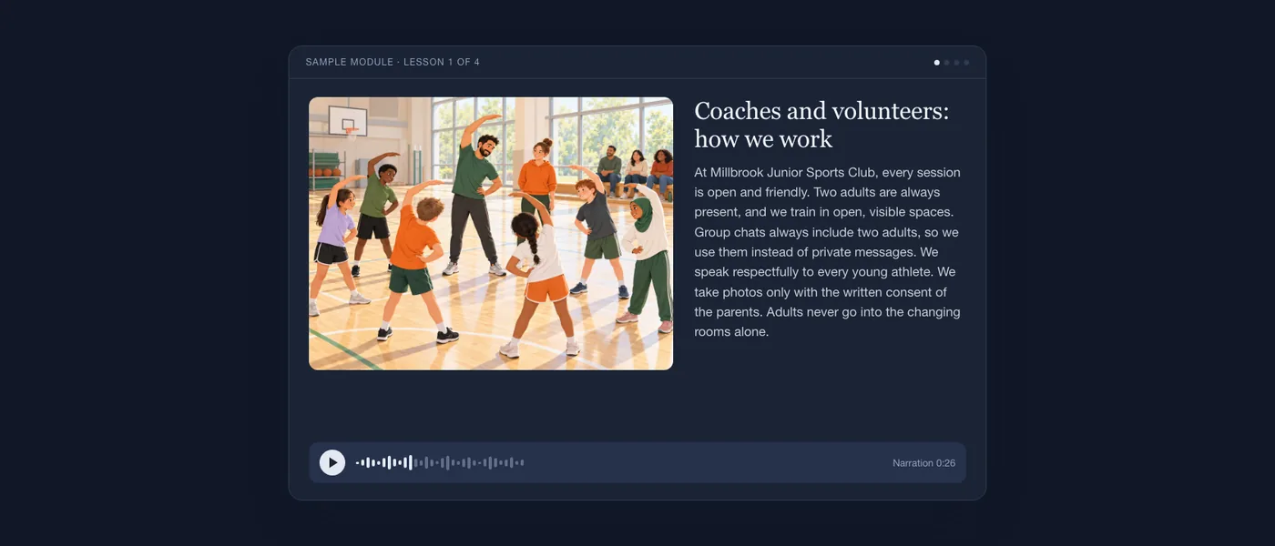 A finished lesson as the learner sees it: illustration of a sports hall, lesson text and an audio player.