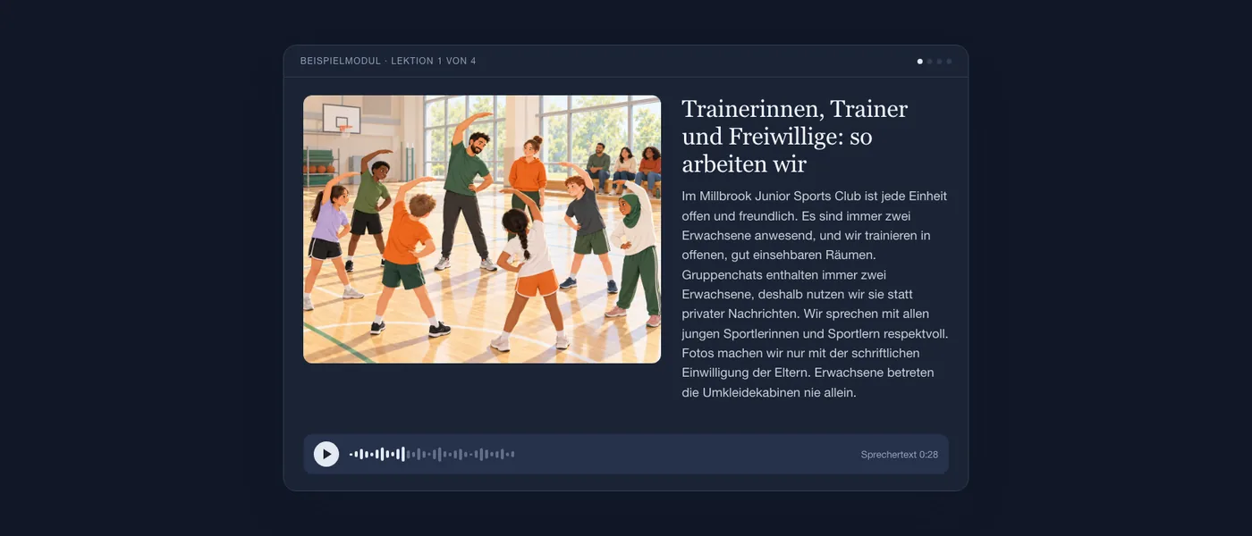 Eine fertige Lektion aus Sicht der Lernenden: die Illustration einer Sporthalle, der Lektionstext und ein Audioplayer.