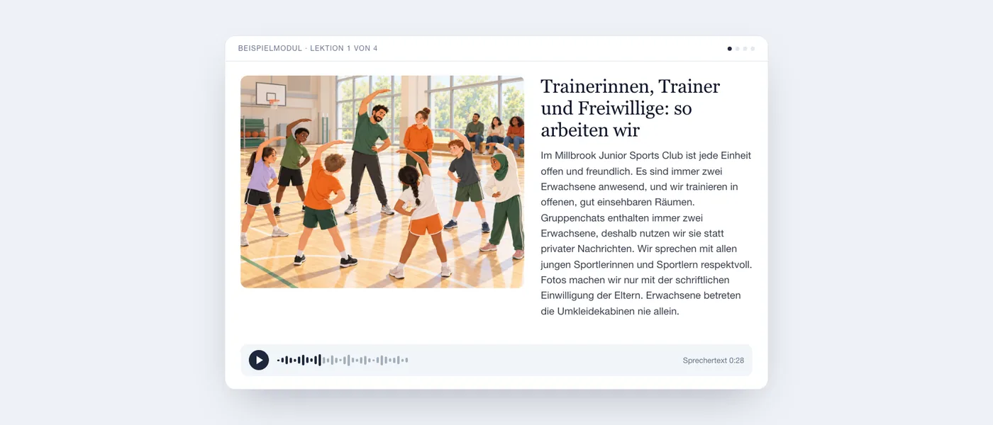 Eine fertige Lektion aus Sicht der Lernenden: die Illustration einer Sporthalle, der Lektionstext und ein Audioplayer.