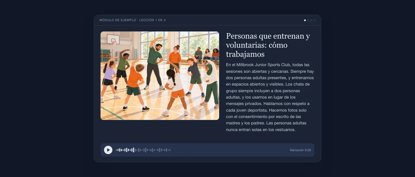 Una lección terminada tal como la ve el alumnado: ilustración de un pabellón deportivo, texto de la lección y reproductor de audio.