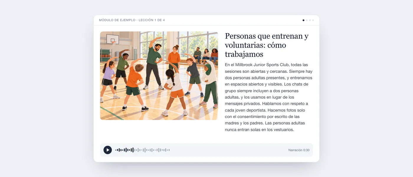 Una lección terminada tal como la ve el alumnado: ilustración de un pabellón deportivo, texto de la lección y reproductor de audio.