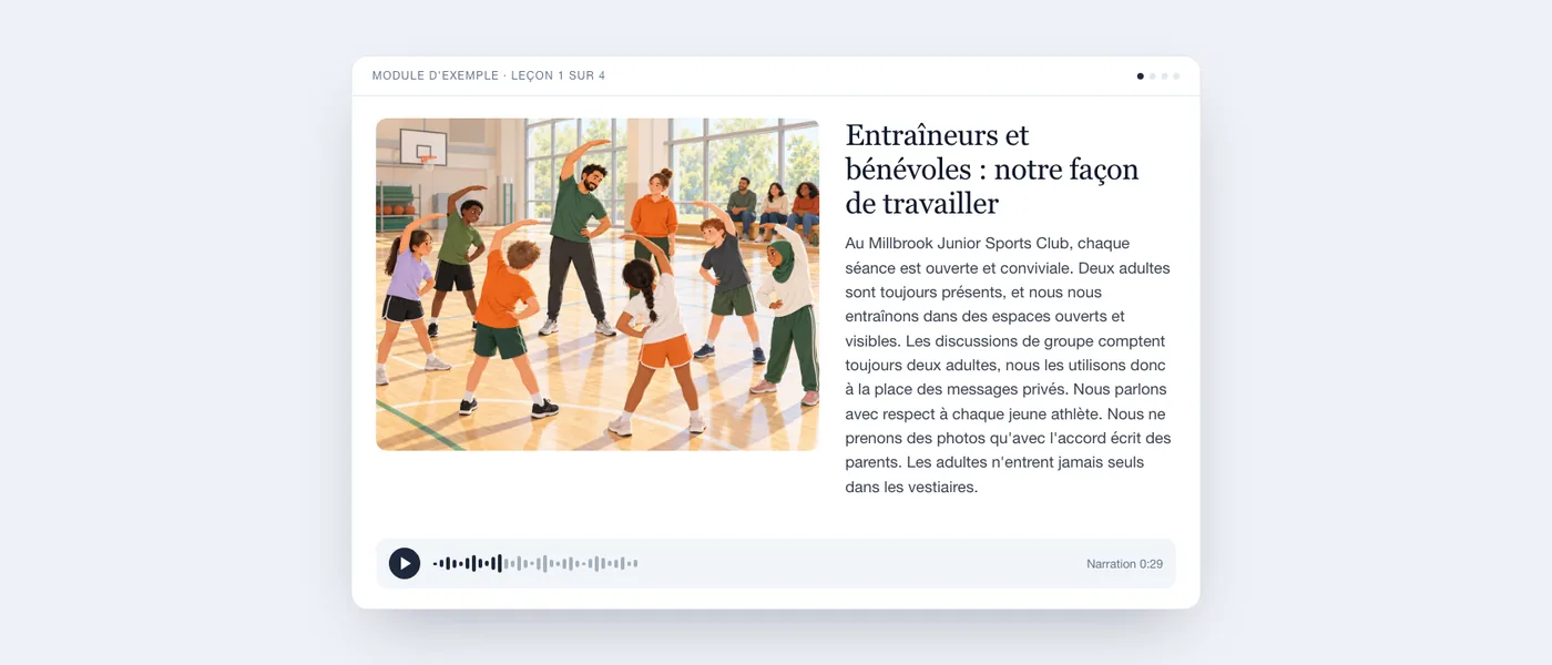 Une leçon terminée telle que l'apprenant la voit : illustration d'une salle de sport, texte de la leçon et lecteur audio.
