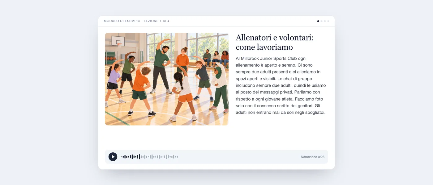 Una lezione completa come la vede il destinatario: illustrazione di una palestra, testo della lezione e lettore audio.