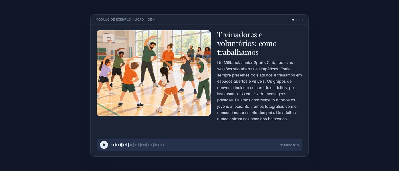 Uma lição concluída tal como o formando a vê: ilustração de um pavilhão desportivo, texto da lição e leitor de áudio.