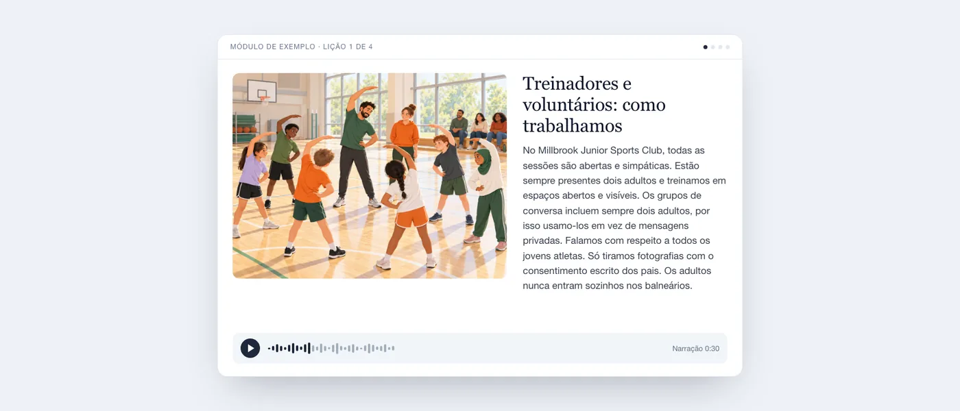 Uma lição concluída tal como o formando a vê: ilustração de um pavilhão desportivo, texto da lição e leitor de áudio.