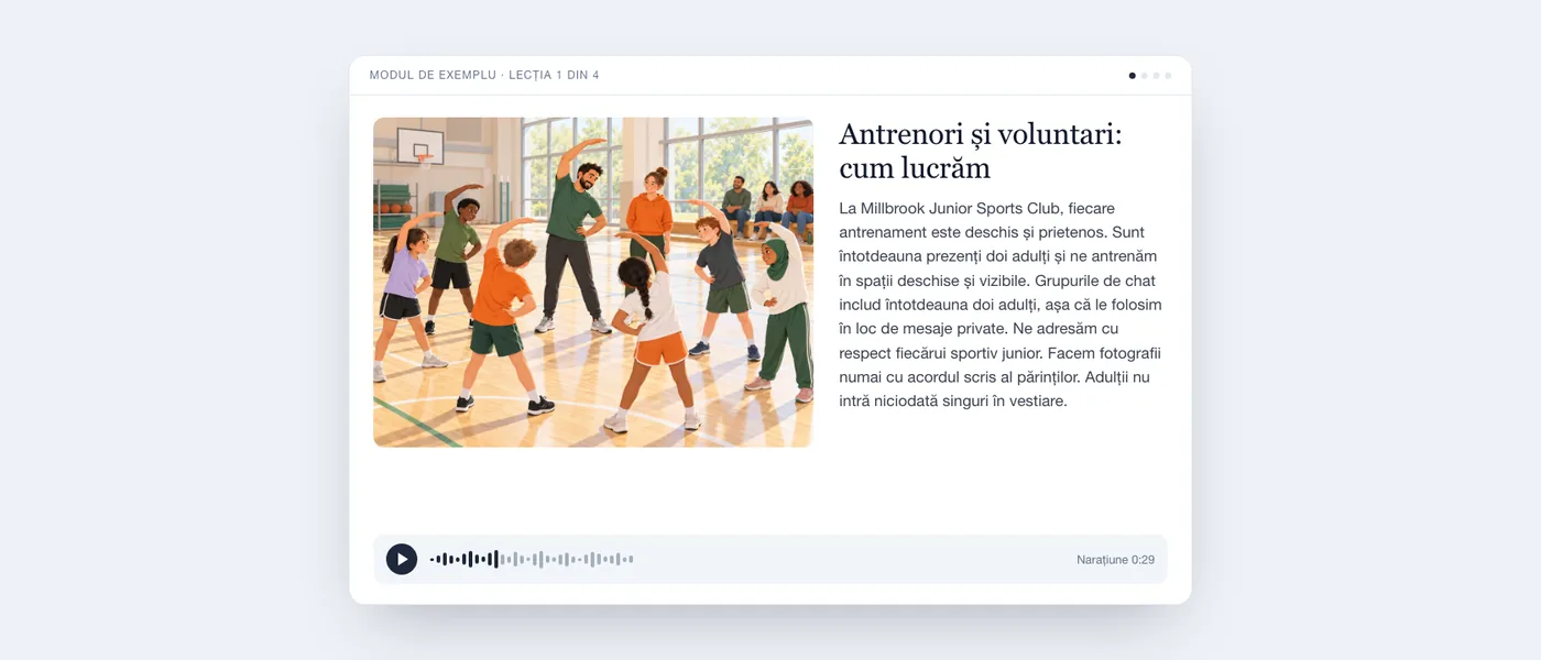 O lecție finalizată, așa cum o vede cursantul: ilustrația unei săli de sport, textul lecției și un player audio.