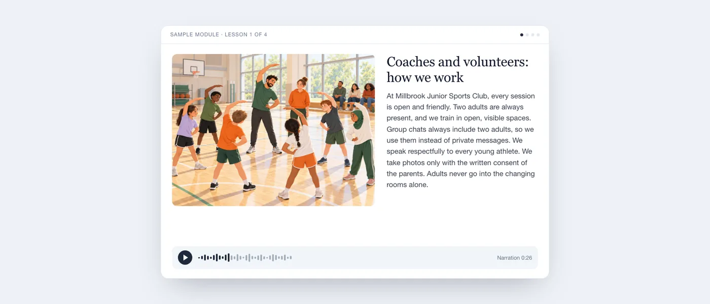 A finished lesson as the learner sees it: illustration of a sports hall, lesson text and an audio player.