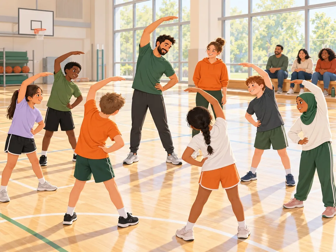 A coach leads a stretching exercise for six young athletes in a bright sports hall, with a second adult standing nearby and parents watching from a bench.