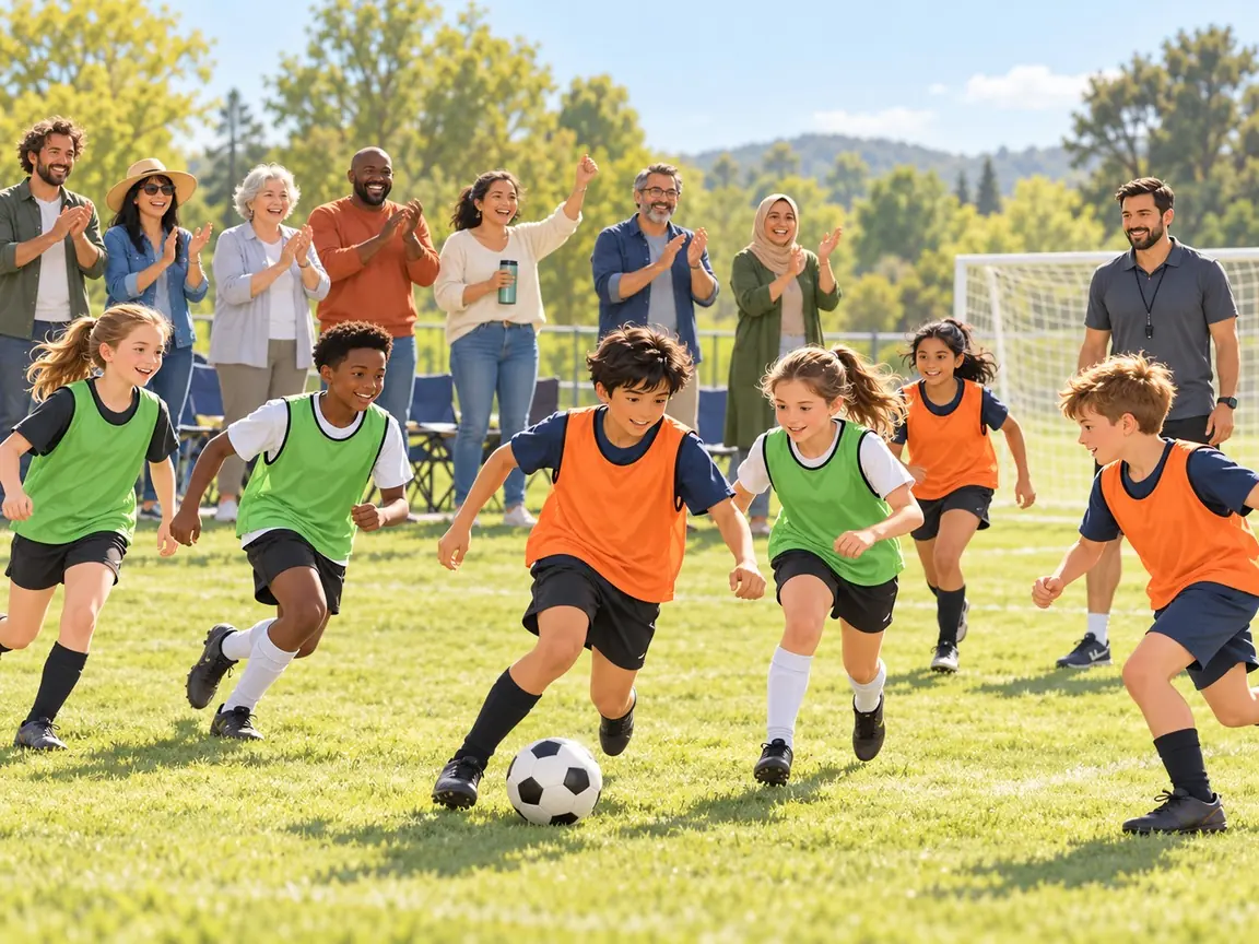 Parents and carers clap and cheer calmly on the sideline of a sunny pitch while young players run after a ball and a coach watches.