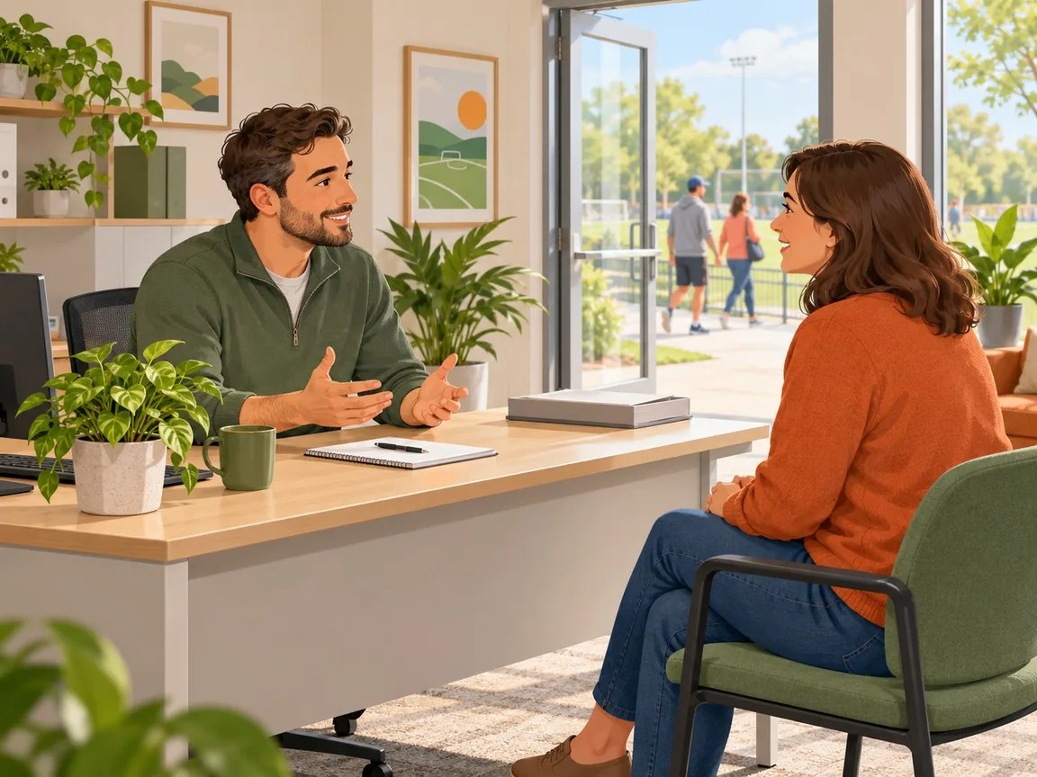Two adults talk calmly at a desk in a bright club office with an open glass door, a notepad and a pen between them.